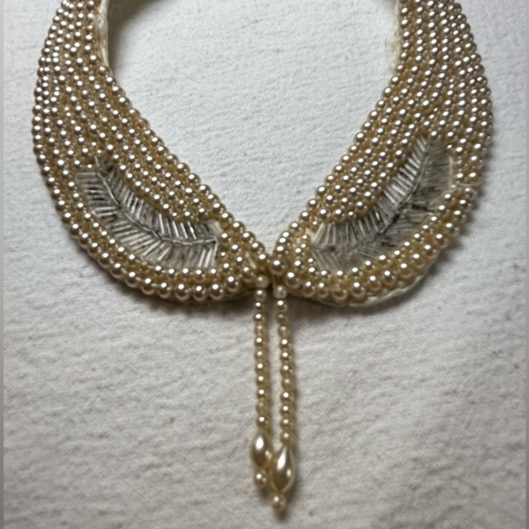 VTG Faux pearl collar necklace bugle bead leaf pattern satin back wedding formal - Picture 2 of 11